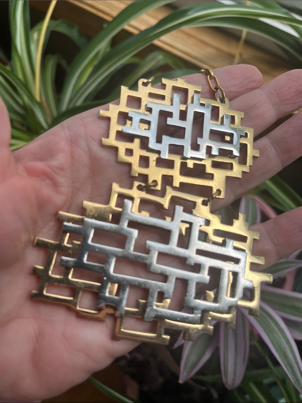 Vtg Napier 70s Geometric Maze Gold Silver 2 Pendant Statement Necklace Brutalist - Picture 3 of 6